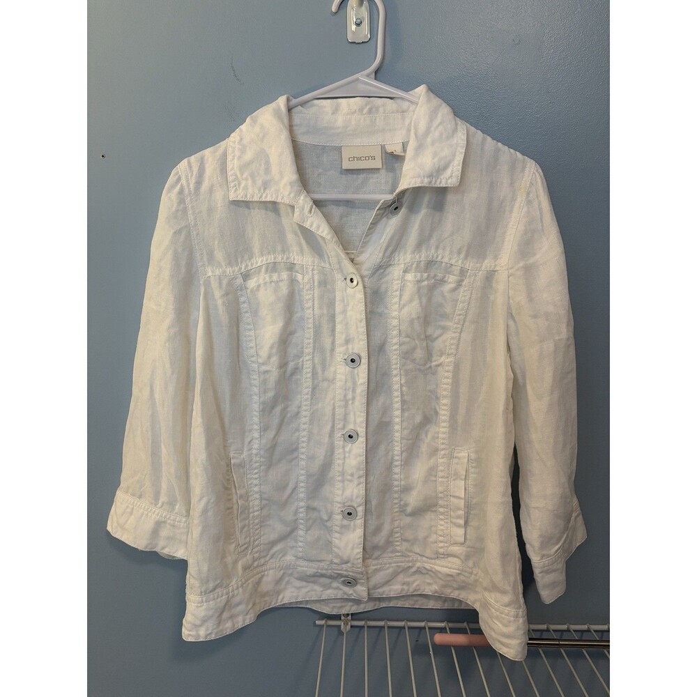 Chico's Jacket Womens 1 US Medium White Linen Button Up 3/4 Sleeve Seam Details